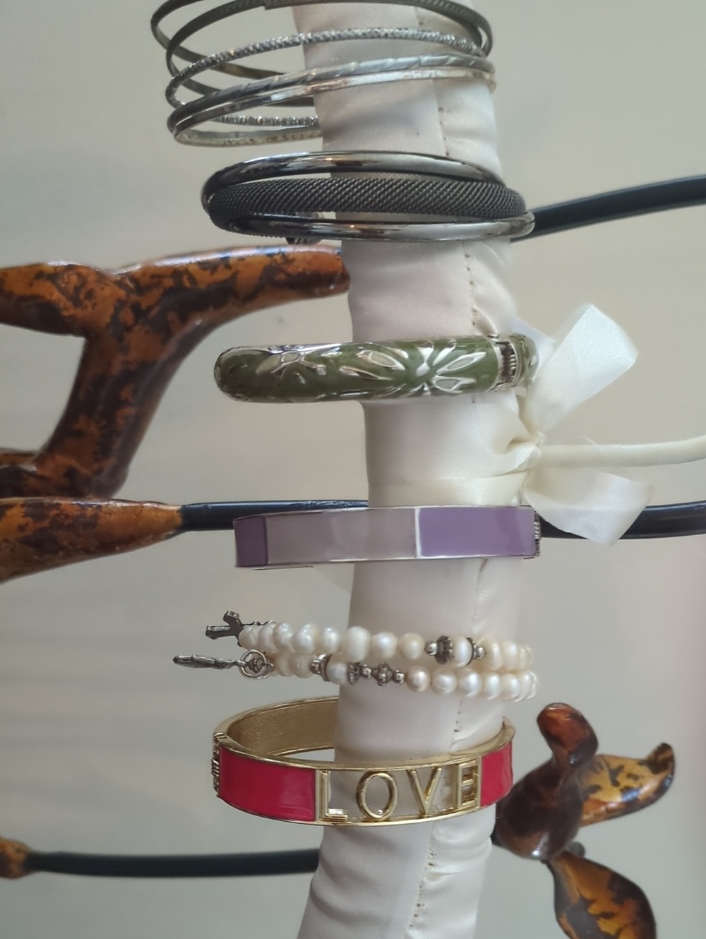 LOVE Pink and Purple Enamel Bangle Set with Pearl Accent